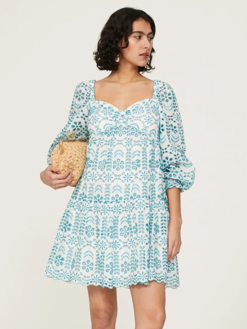 Shoshanna Julietta Dress Long Sleeve Blue White Eyelet Floral Sweetheart Neck 12